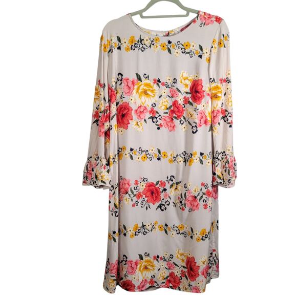 Old Navy M Tall Floral Bell Sleeve Dress Lined White Pink Yellow Midi Boho - Picture 2 of 11